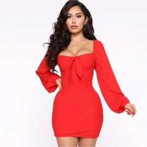 Red Dress Mini Fashion Nova Puff Long Sleeve Bow Bodycon Date Party Size M